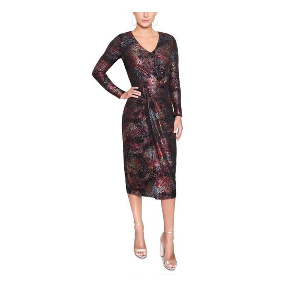 Connected Womens Embellished Zippered Printed Cap Sleeve V Neck Below The Knee Body Con Cocktail Dress Yellow Size 12 main image 0